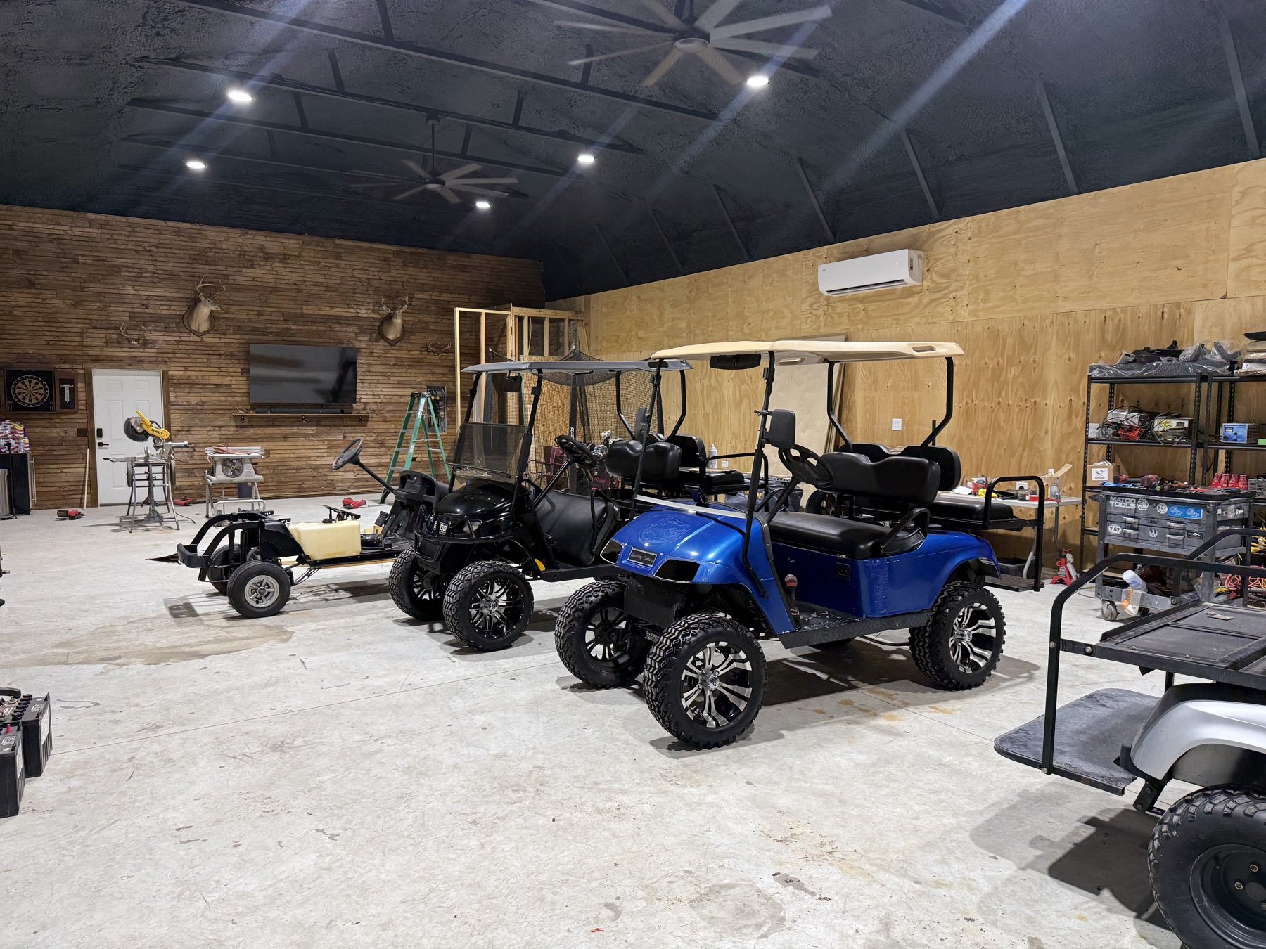 Golf carts inside the finished Young's Carts shop